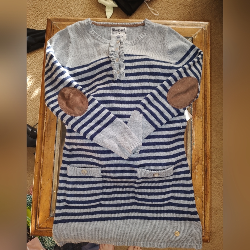 Mayoral Girls Gray And Blue Striped Knit Sweater Dress Sz 12